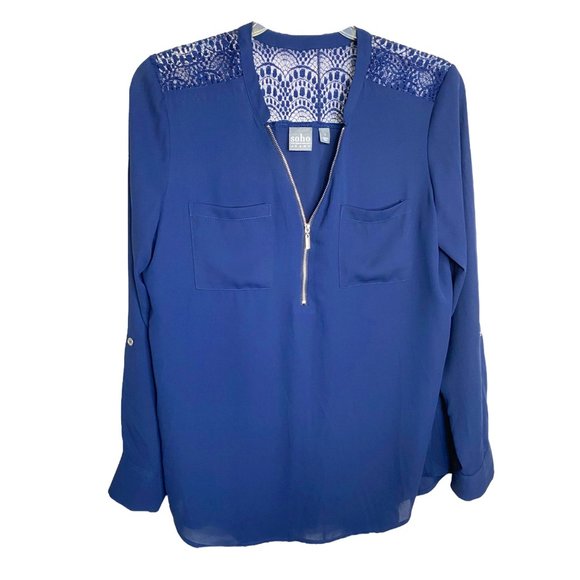 SoHo Womens Navy Blue High/Low Sheer Top with Lace Yoke and Front Zipper Size L - Picture 1 of 10